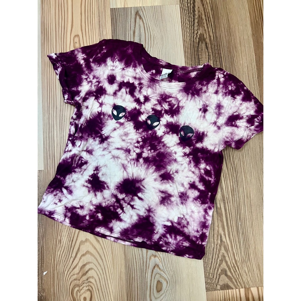 A.Lab Purple Tie Dye Alien Head XS Short Sleeve Crop Tee Streetwear Y2K Retro